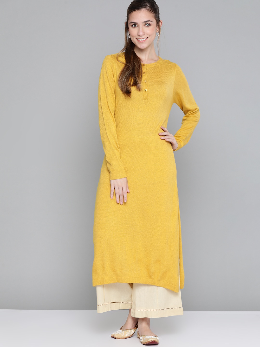 

HERE&NOW Women Mustard Yellow Acrylic Solid Winter Kurta