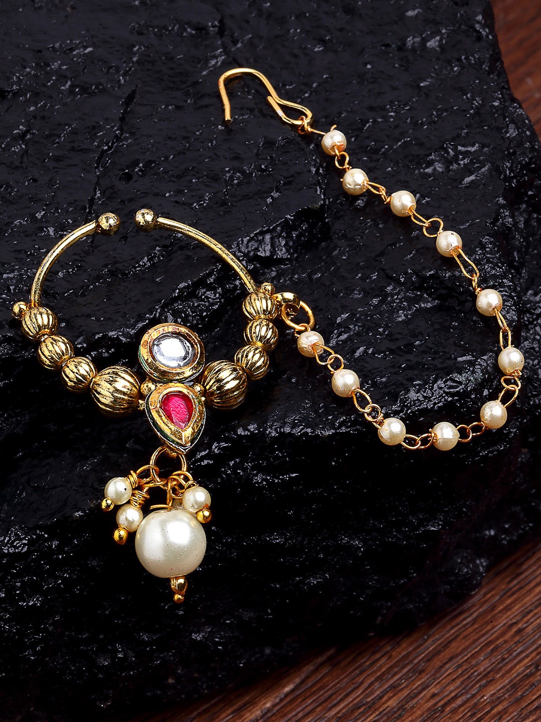 

KARATCART Gold-Plated Red & White Kundan-Studded & Pearl Beaded Enamelled Nosepin