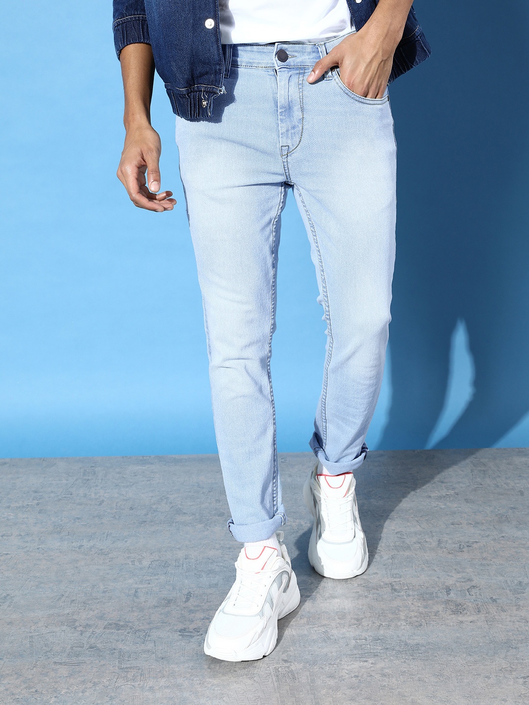 

HERE&NOW Men Sky Blue Nostalgic Back To School Skinny Fit Heavy Fade Stretchable Jeans