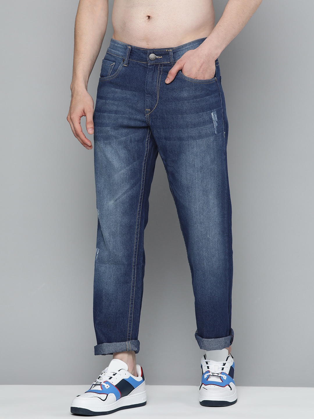 

HERE&NOW Men Light Fade Mildly Distressed Slim Fit Jeans, Navy blue