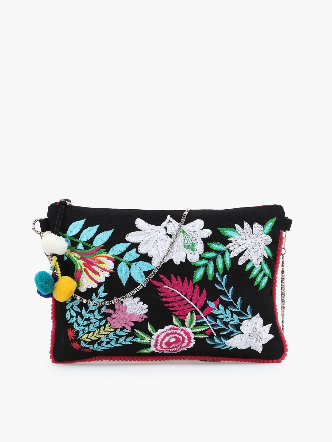 

Anekaant Black Floral Embellished Swagger Sling Bag with Tasselled
