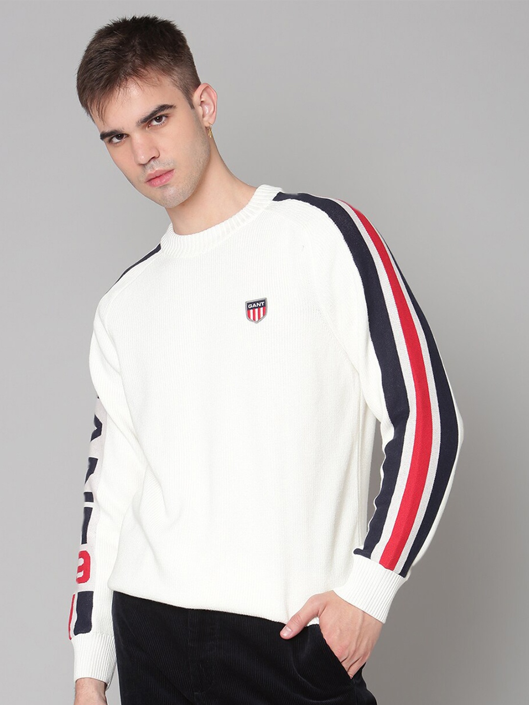 

GANT Men White Ribbed Cotton Pullover Sweater