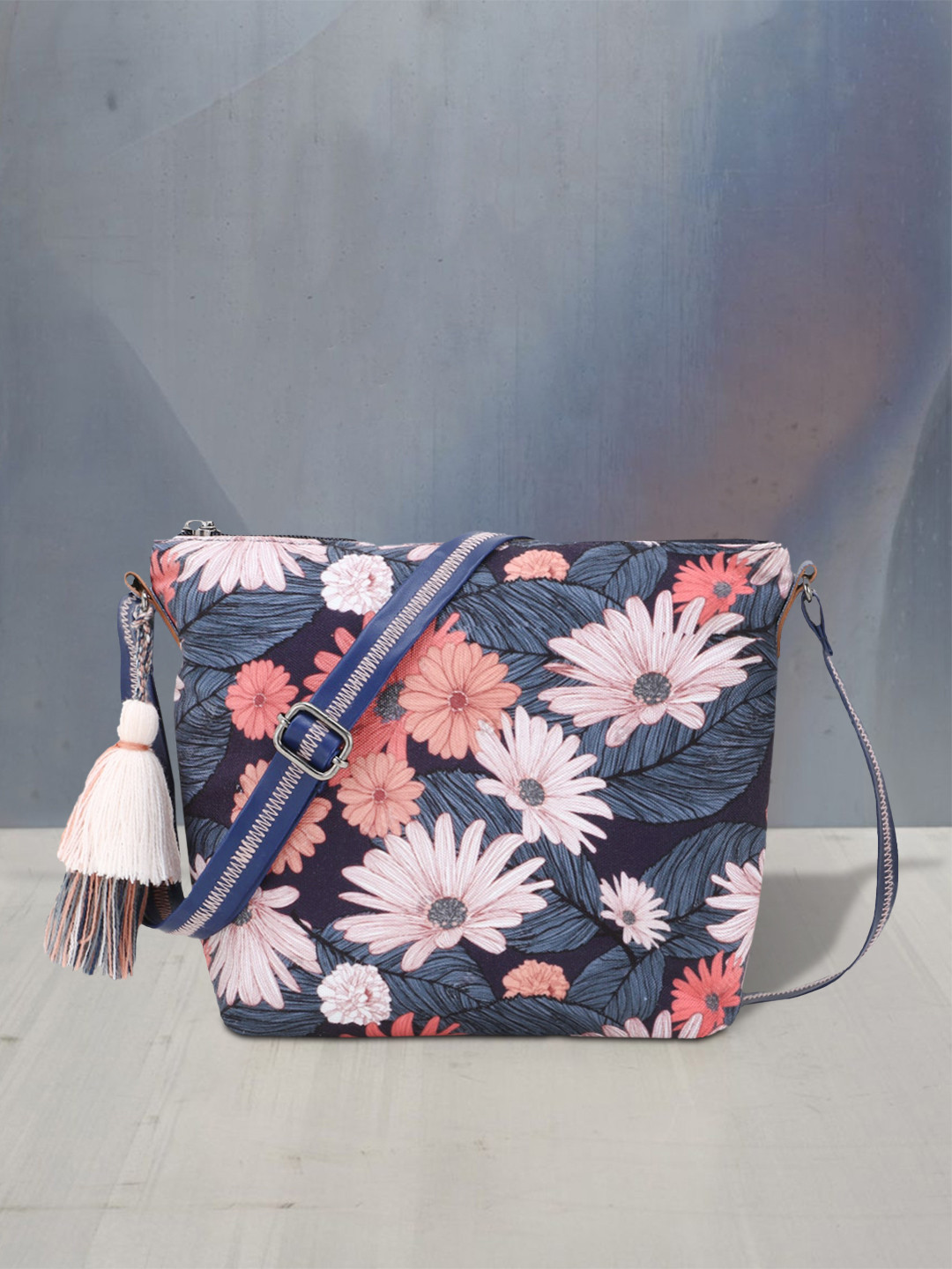 

Anekaant Grey Floral Printed Structured Sling Bag with Tasselled