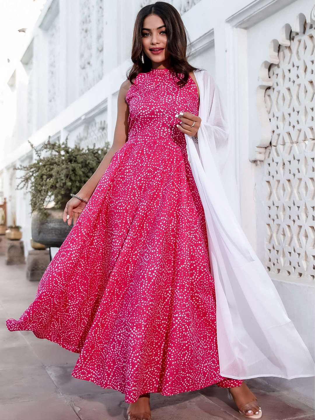 

Lavanya The Label Women Pink Bandhani Print Pure Cotton Kurta with Trousers & Dupatta
