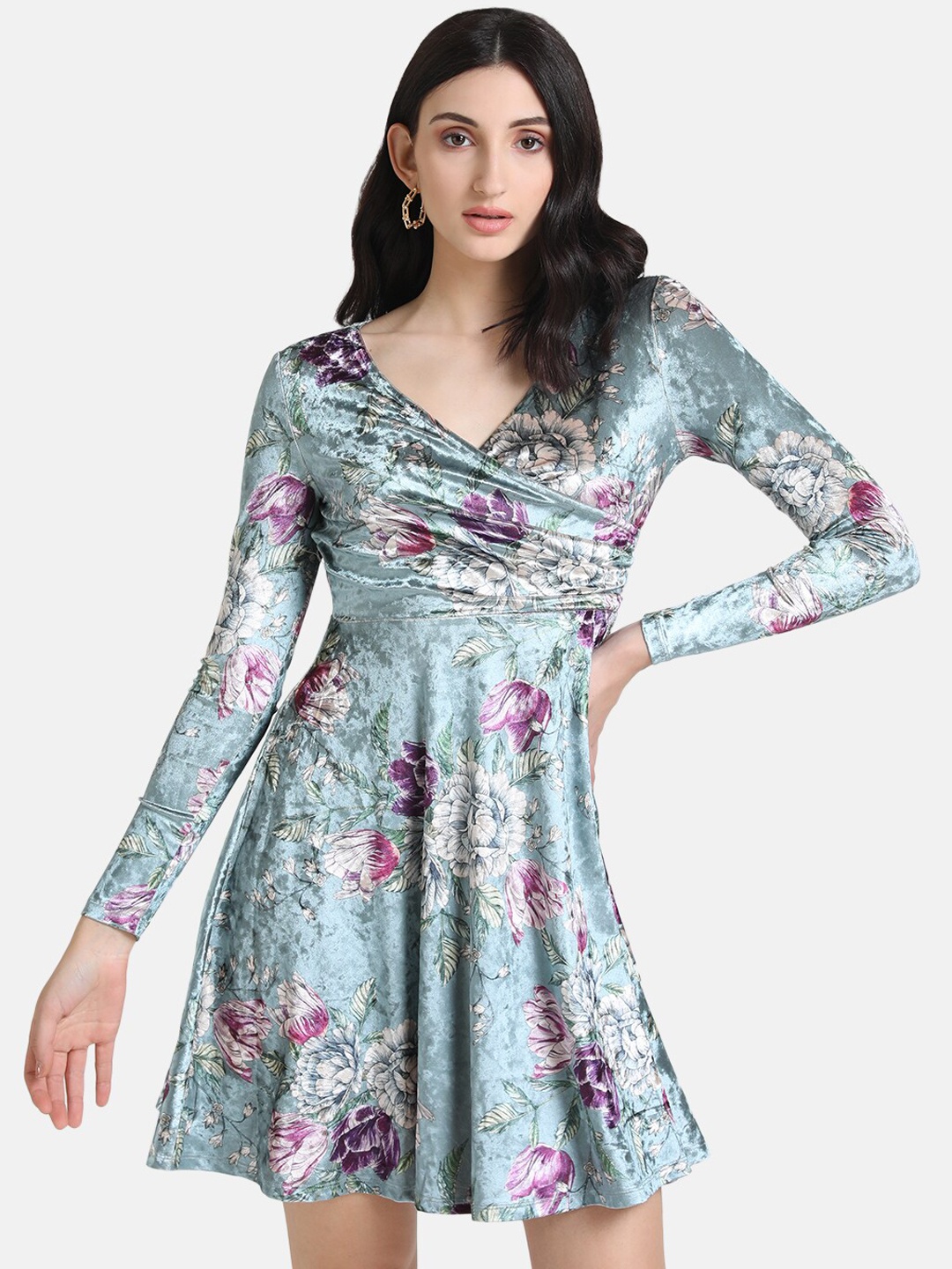 

Kazo Women Blue Floral Velvet Wrap Mini Dress