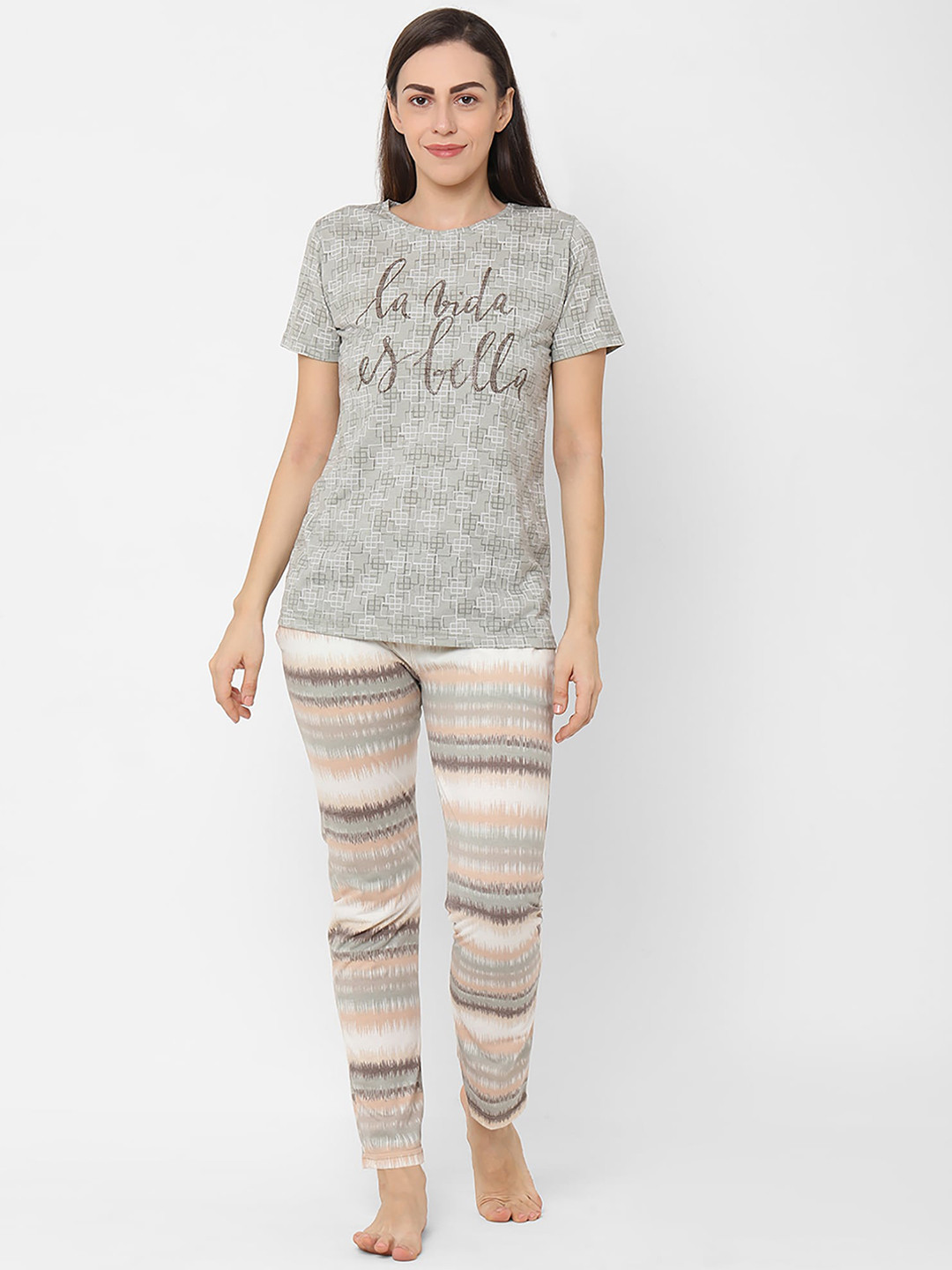 

Sweet Dreams Women Olive Green & Grey Printed Night suit