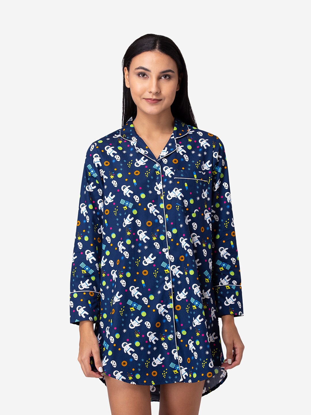 

Fluffalump Blue Printed Pure Cotton Shirt Nightdress