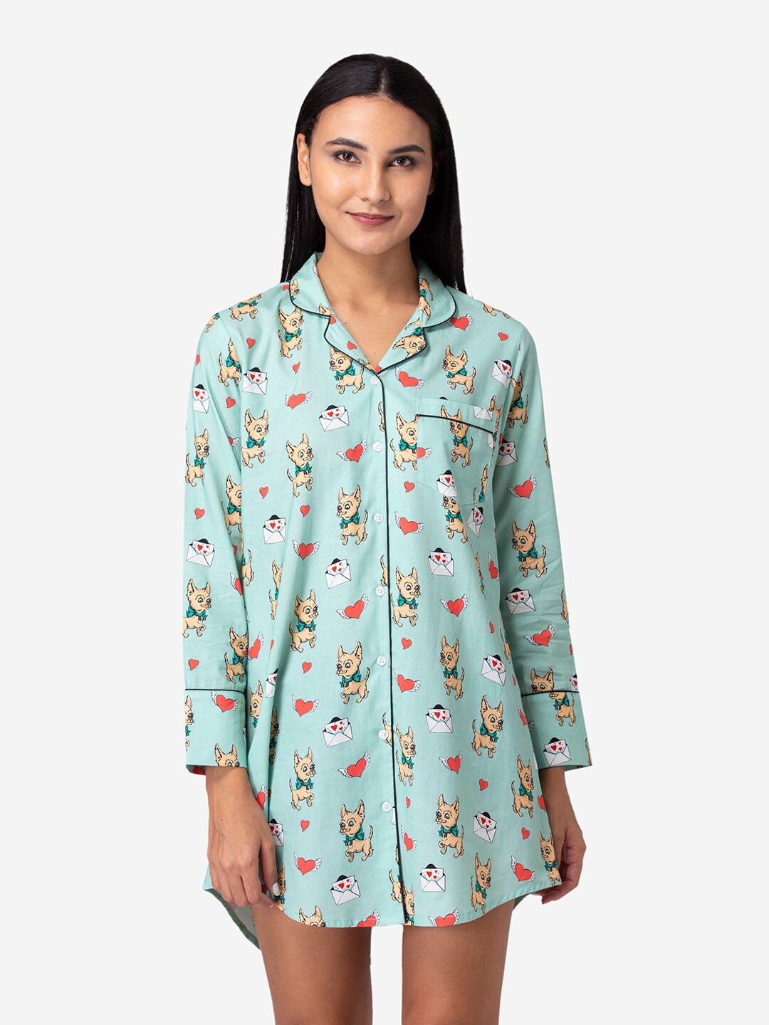 

Fluffalump Women Turquoise Blue Printed Pure Cotton Nightdress