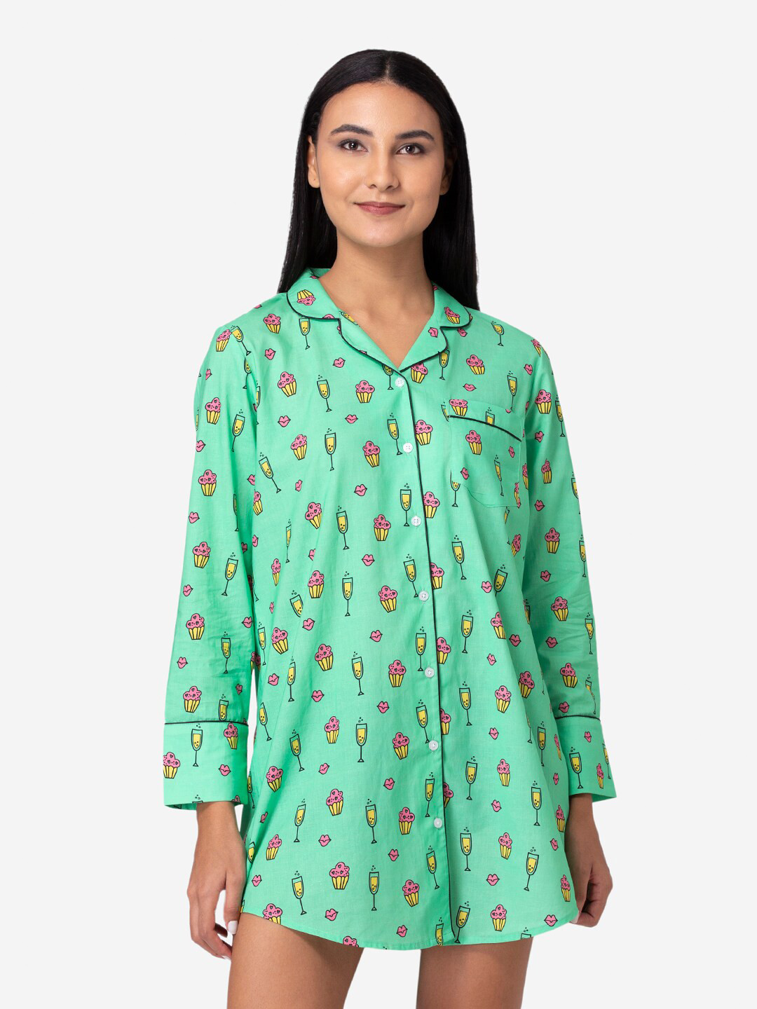 

Fluffalump Green Printed Pure Cotton Sleep Shirt