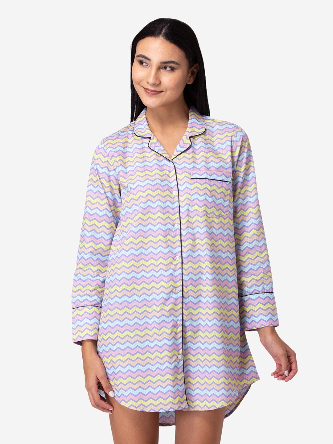 

Fluffalump Pink & Yellow Chevron Printed Pure Cotton Shirt Nightdress