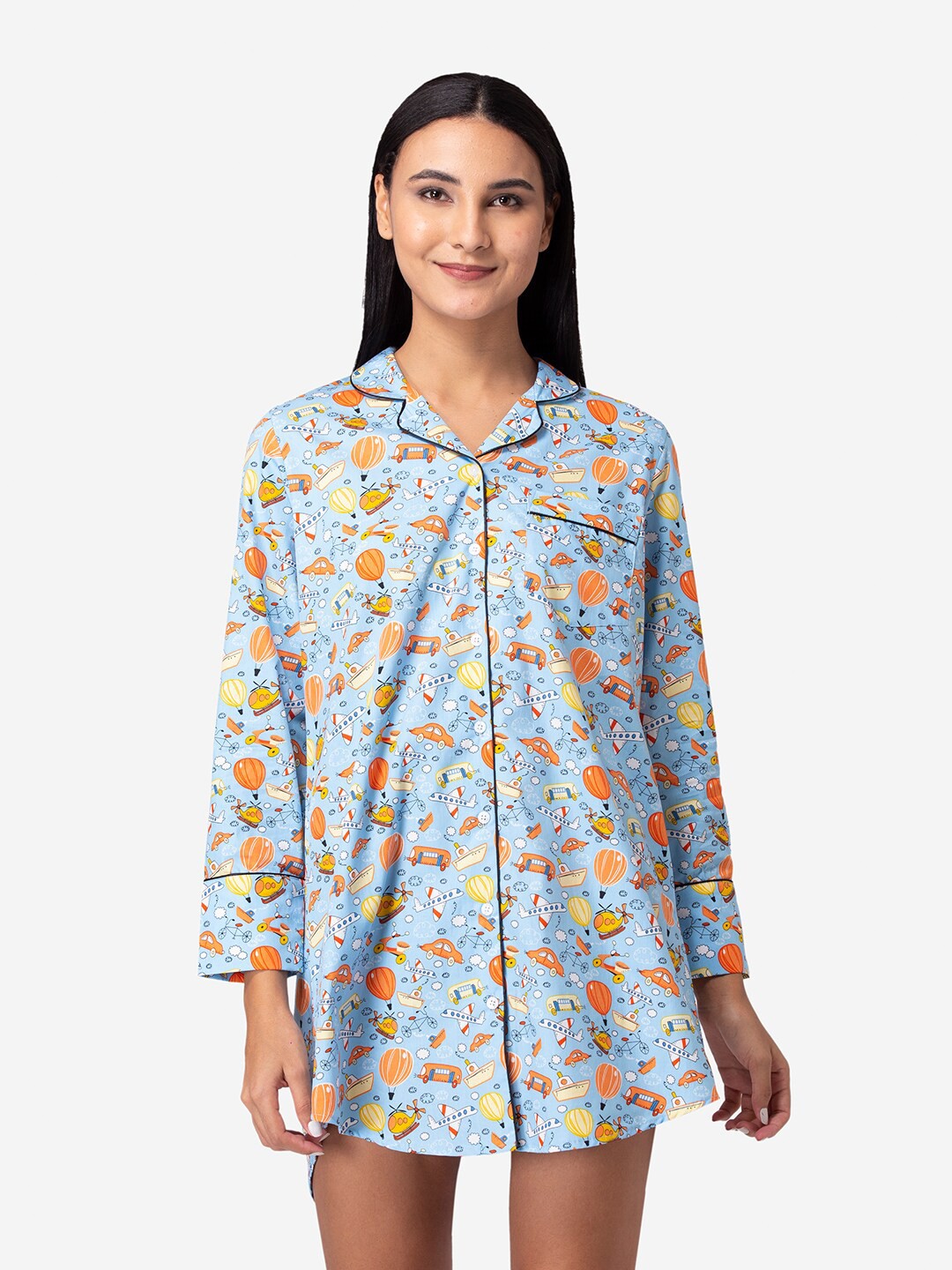

Fluffalump Women Blue Pure Cotton Printed Shirt Nightdress