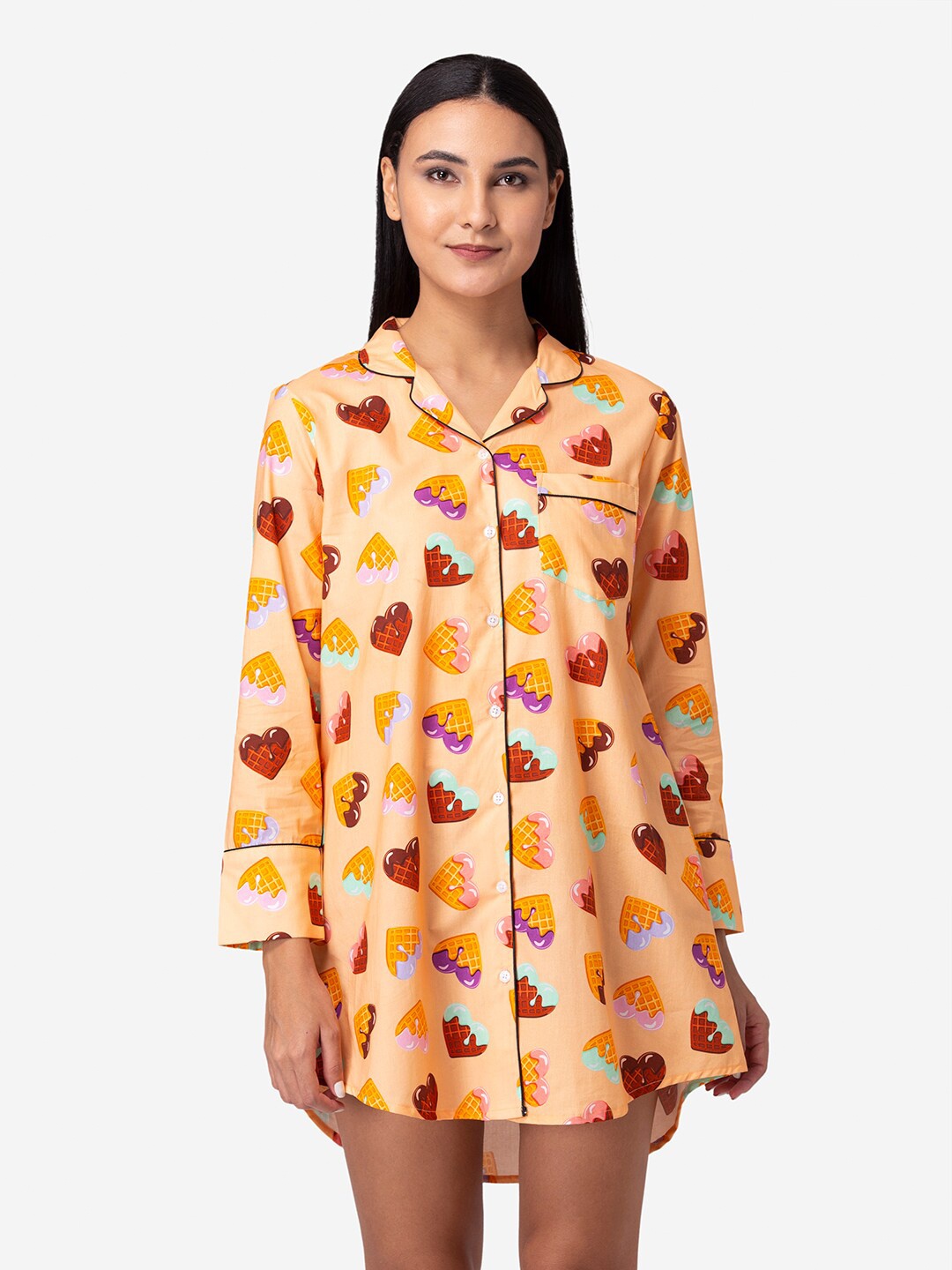 

Fluffalump Peach-Coloured Printed Pure Cotton Sleep Nightdress