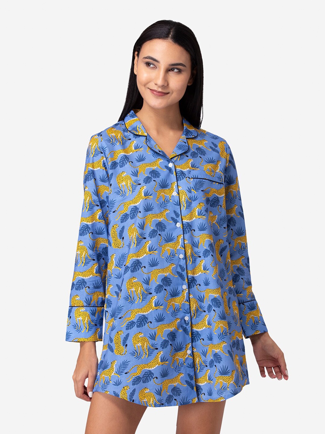 

Fluffalump Blue & Yellow Printed Pure Cotton Sleep Shirt