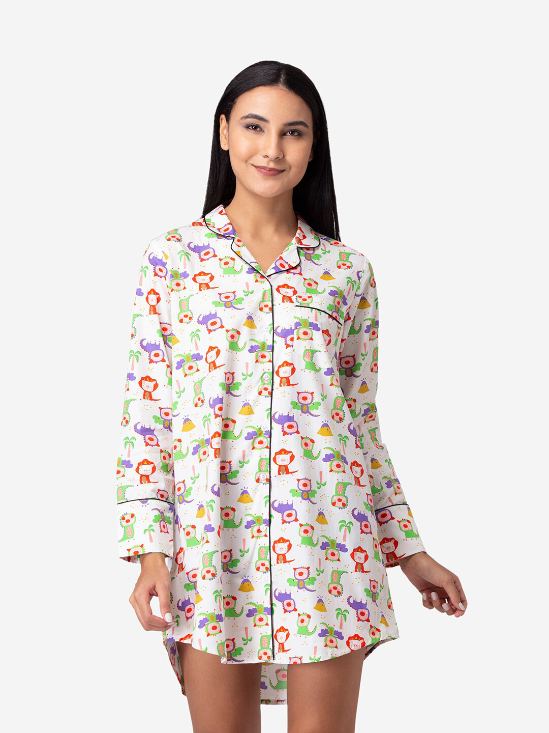 

Fluffalump White Printed Pure Cotton Shirt Nightdress