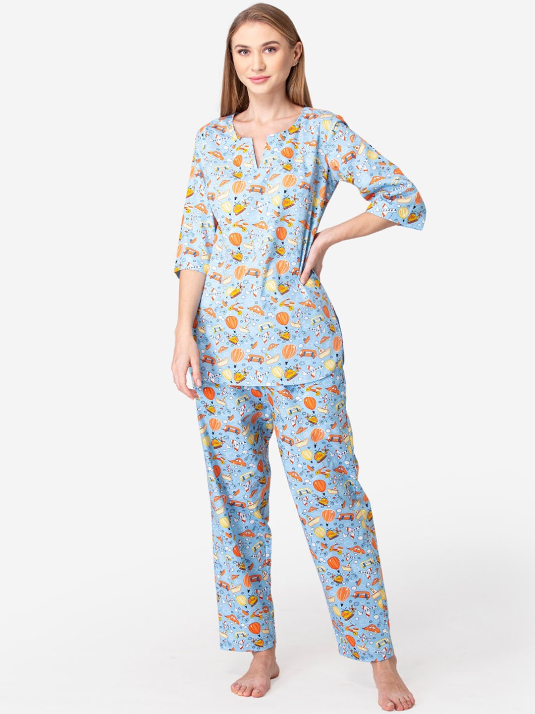 

Fluffalump Women Blue & Orange Printed Pure Cotton Night suit