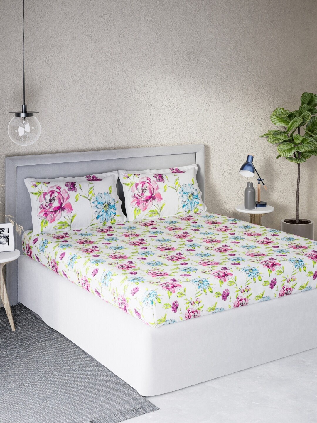 

DDecor White & Pink Floral 140 TC Cotton Queen Bedsheet with 2 Pillow Covers