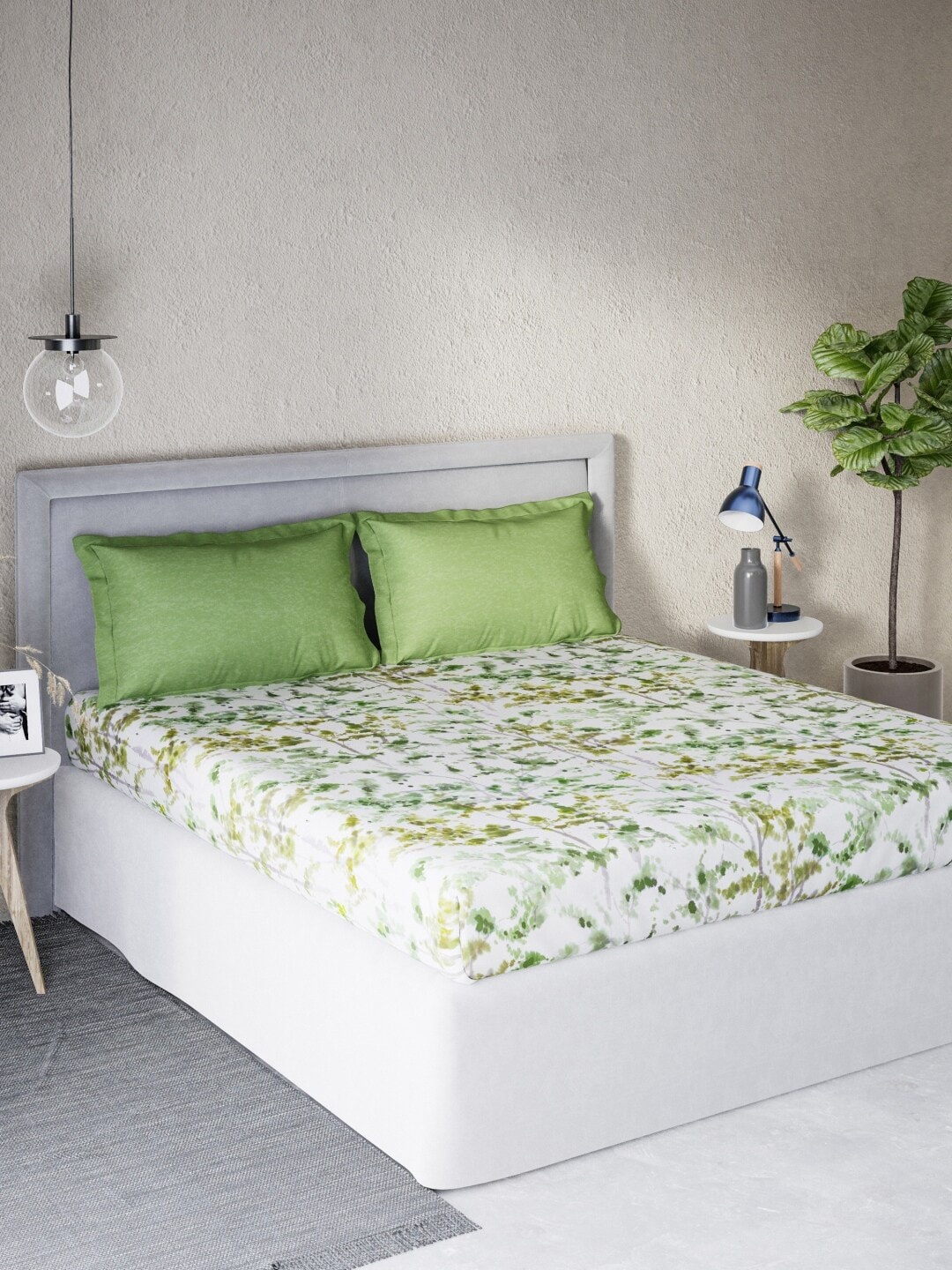 

DDecor White & Green Floral 140 TC Cotton Queen Bedsheet with 2 Pillow Covers