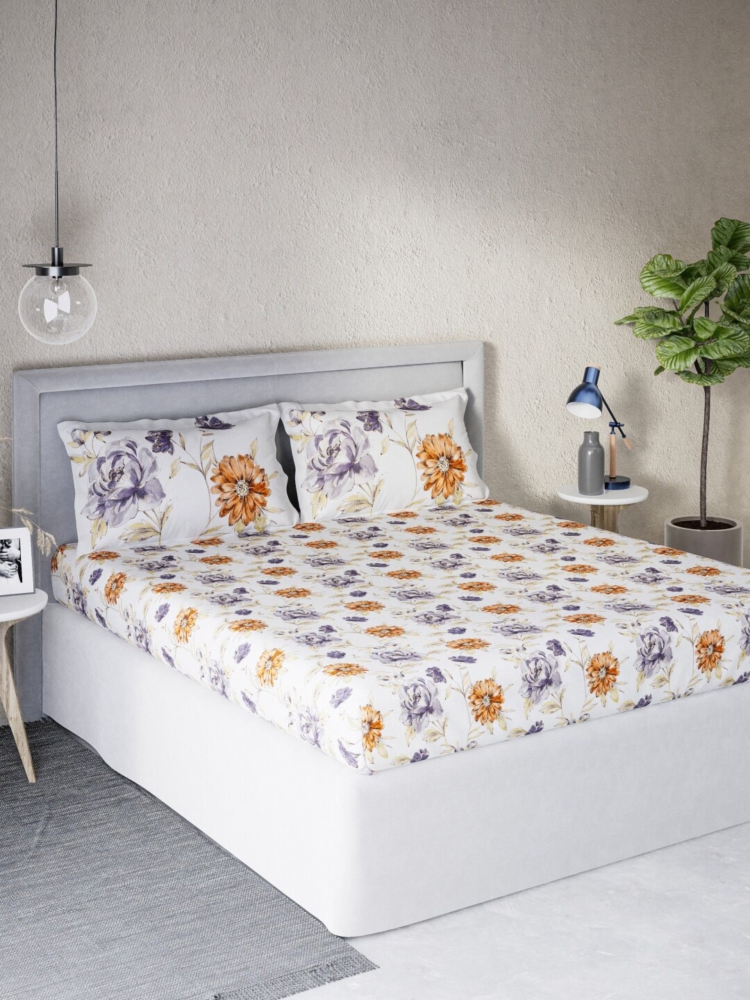 

DDecor Grey & Purple Floral 140 TC Cotton Queen Bedsheet with 2 Pillow Covers
