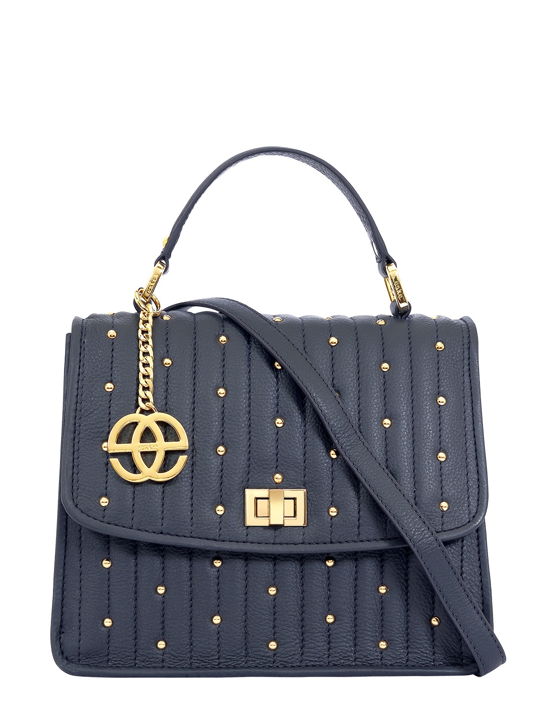 

Eske Navy Blue Embellished Leather Structured Satchel