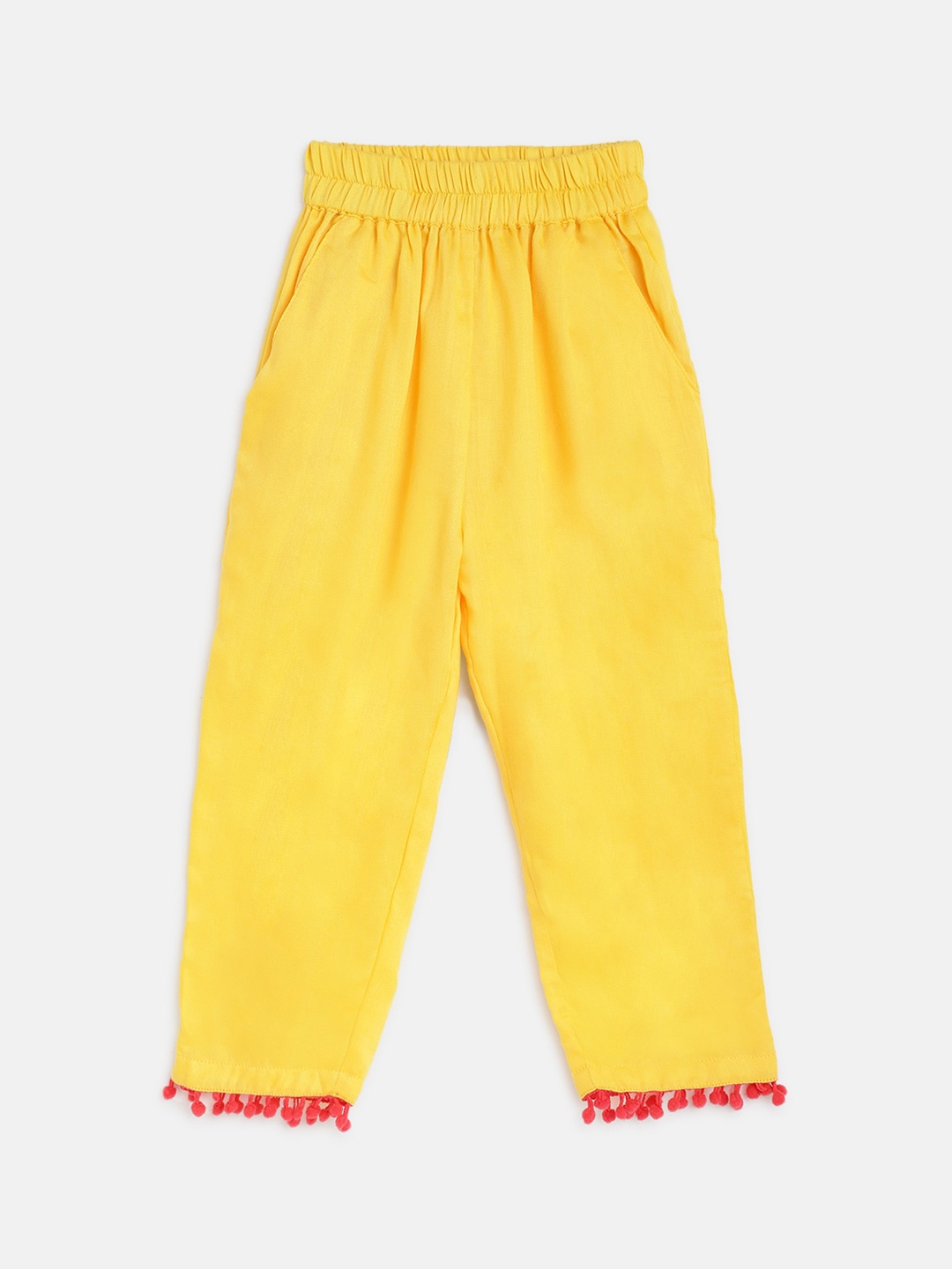 

am ma Kids Yellow Solid Track Pants with Pom-Poms