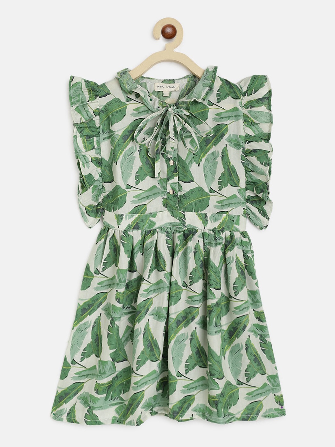 

am ma Girls Green & White Tropical Satin Fit & Flare Dress
