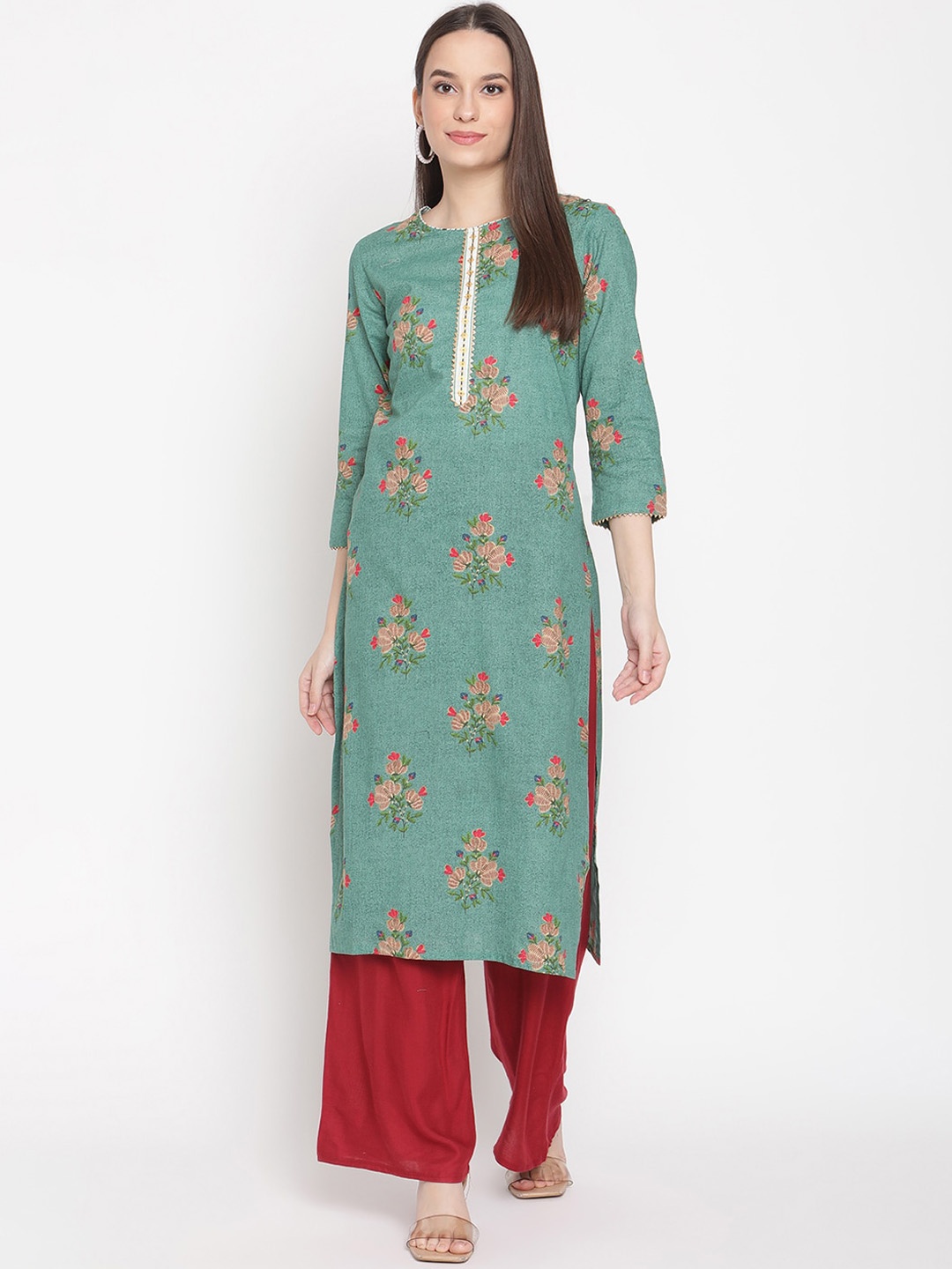 

Be Indi Women Round Neck Floral Straight Side Slits Regular Kurta, Green