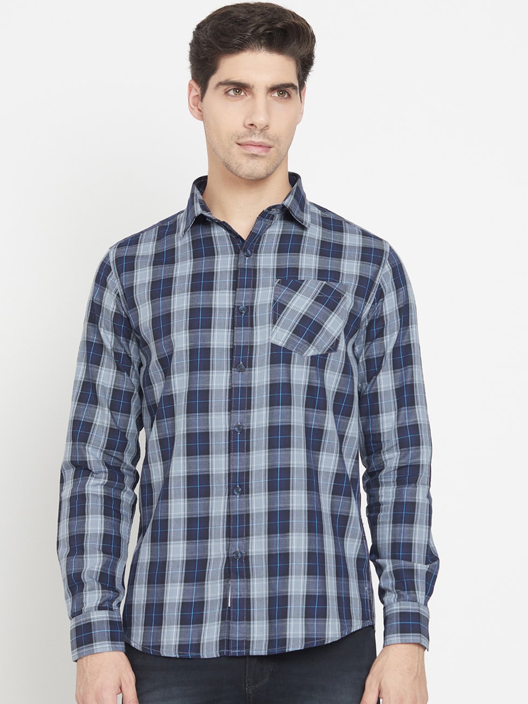 

METTLE Men Blue & Grey Tartan Checked Casual Shirt