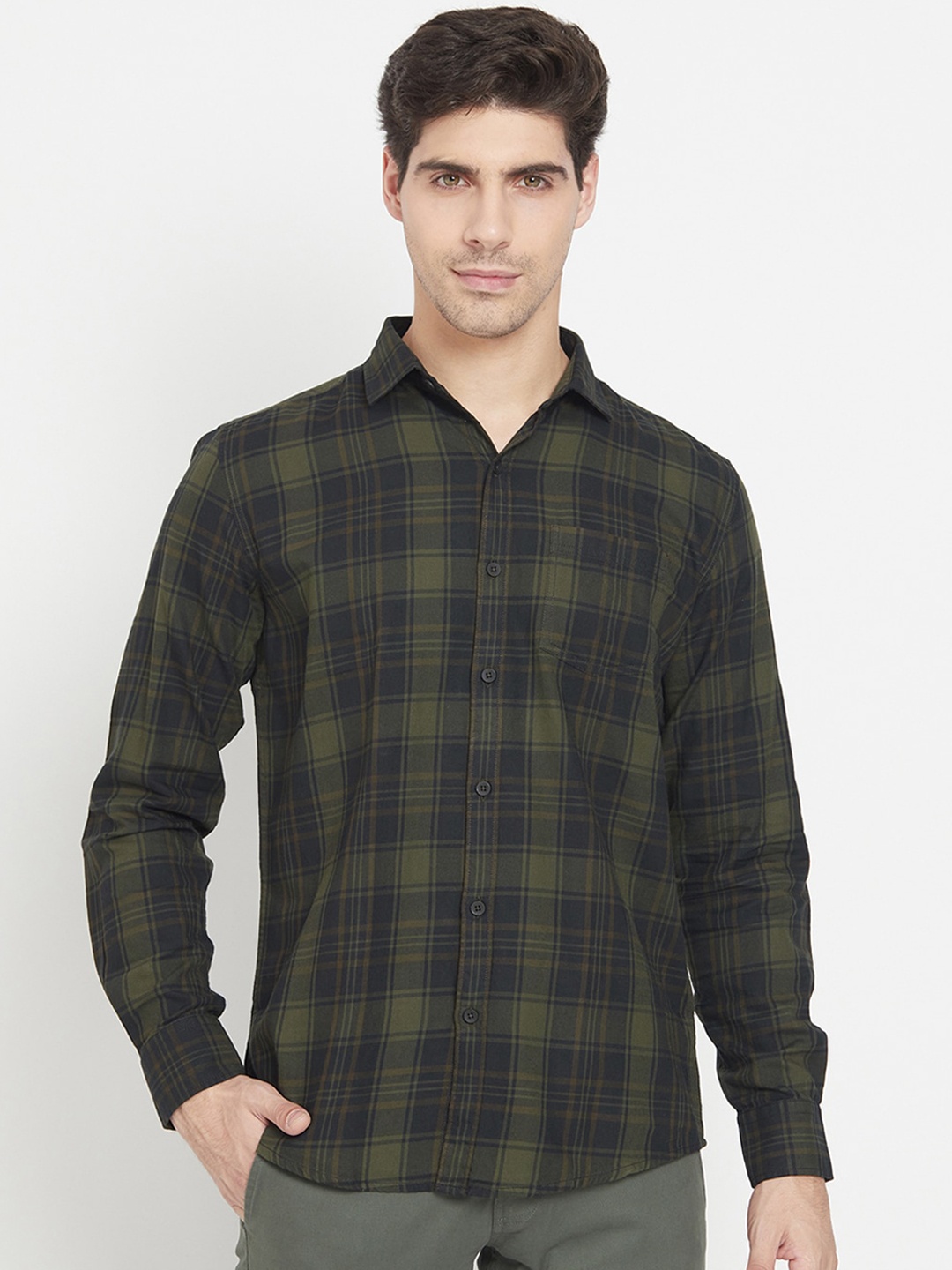 

METTLE Men Olive Green Tartan Checks Opaque Checked Casual Shirt