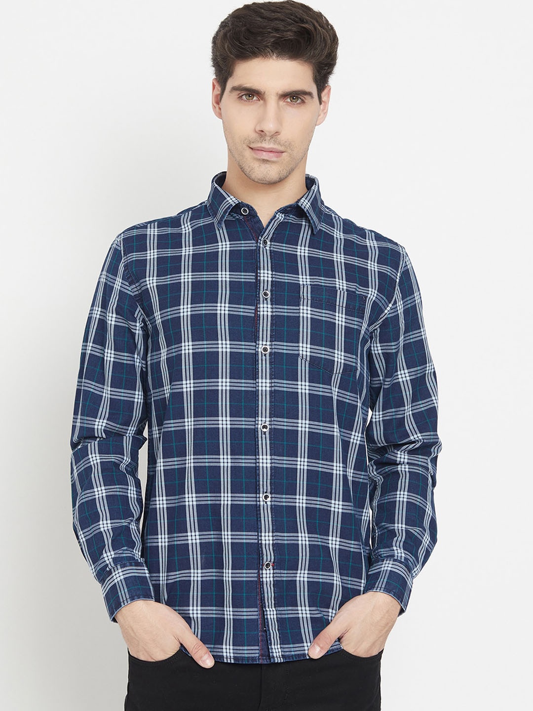 

METTLE Men Blue Opaque Checked Casual Shirt