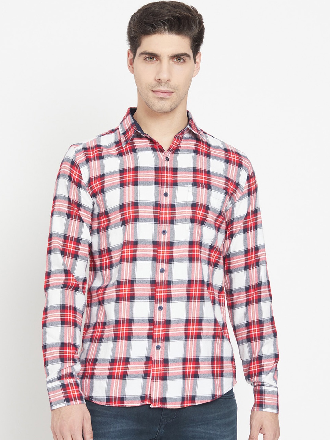

METTLE Men Red & White Opaque Checked Cotton Casual Shirt