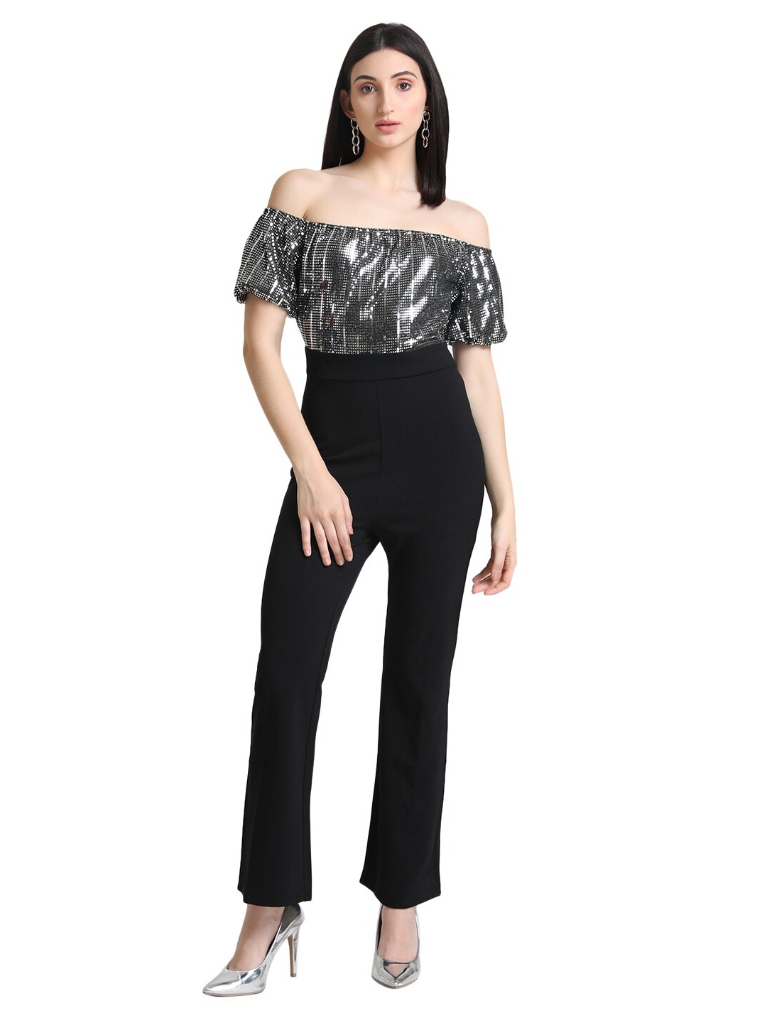 

Kazo Black & Silver-Coloured Off-Shoulder Sequin Embellished Basic Jumpsuit