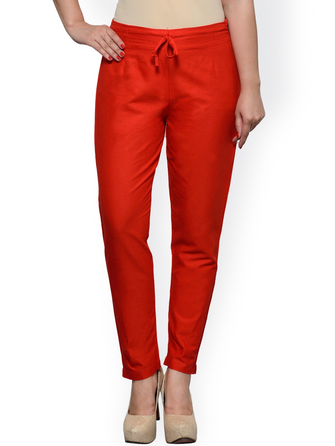 

Tulsattva Women Red Tapered Fit Flat-Front Trousers