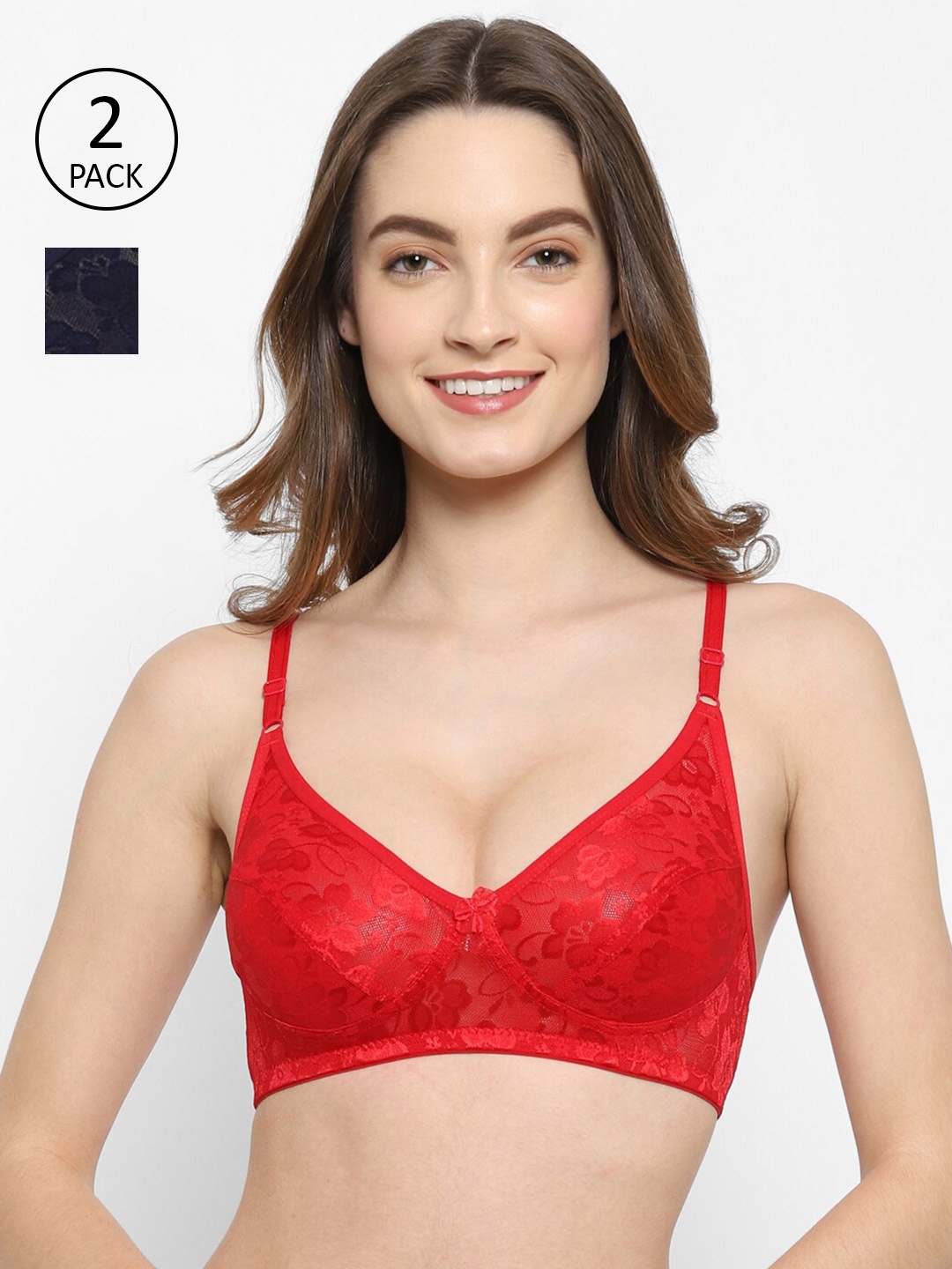 

Floret Pack of 2 Red & Black Floral Lace Non Wired Medium Coverage T-shirt Bra