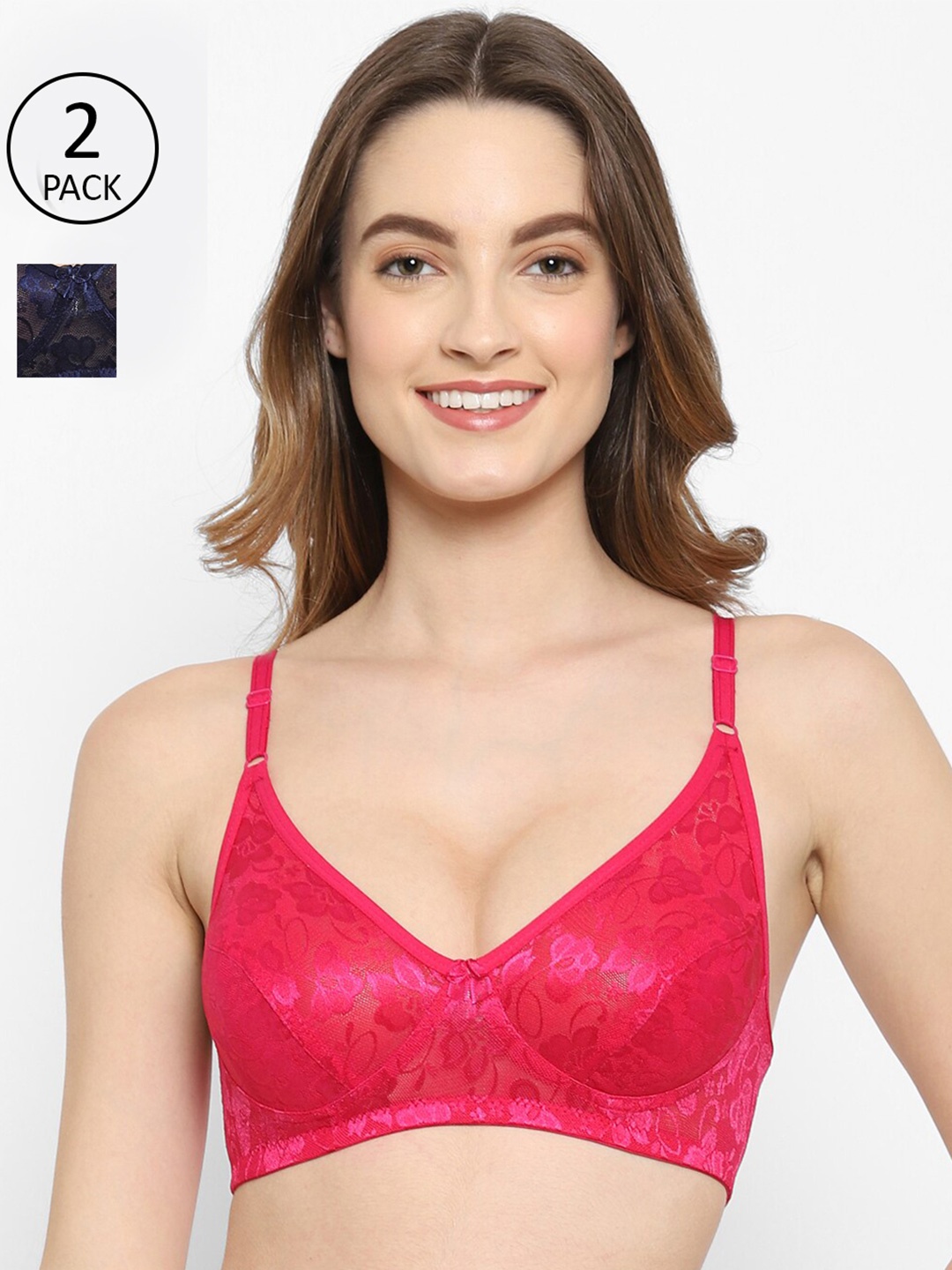 

Floret Women Pack Of 2 Pink & Black Lace Non-Padded T Shirt