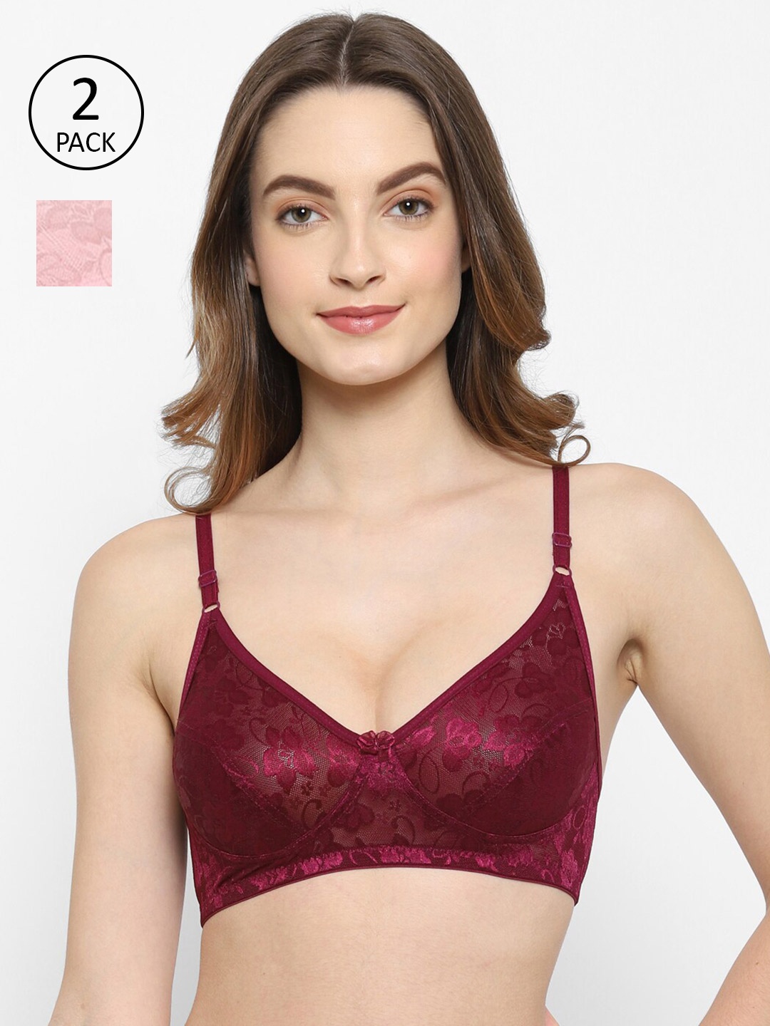 

Floret Pack of 2 Burgundy & Pink Floral Lace T-shirt Bra Akansha_Wine-Pink_30B