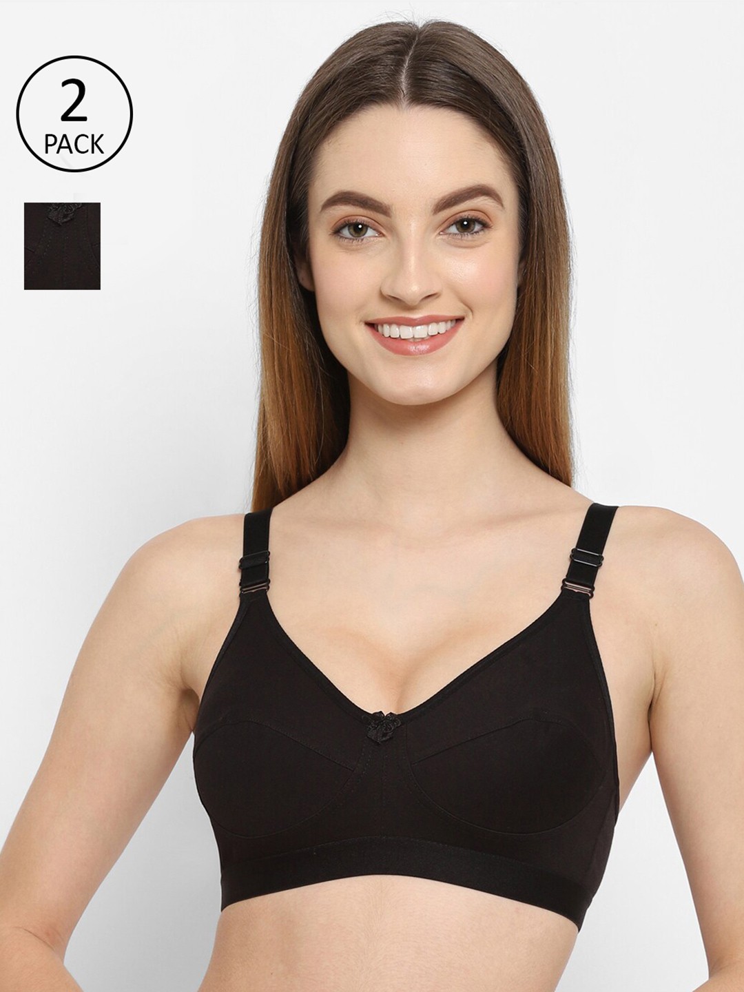 

Floret Pack of 2 Black Solid Non Wired Medium Coverage T-shirt Bra