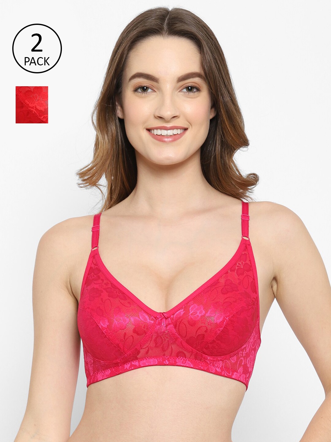 

Floret Women Pack Of 2 Red & Magenta Lace Non-Padded T Shirt