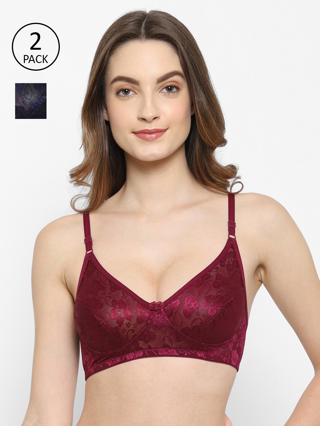 

Floret Women Pack Of 2 Burgundy & Navy Blue Lace Non-Padded T Shirt