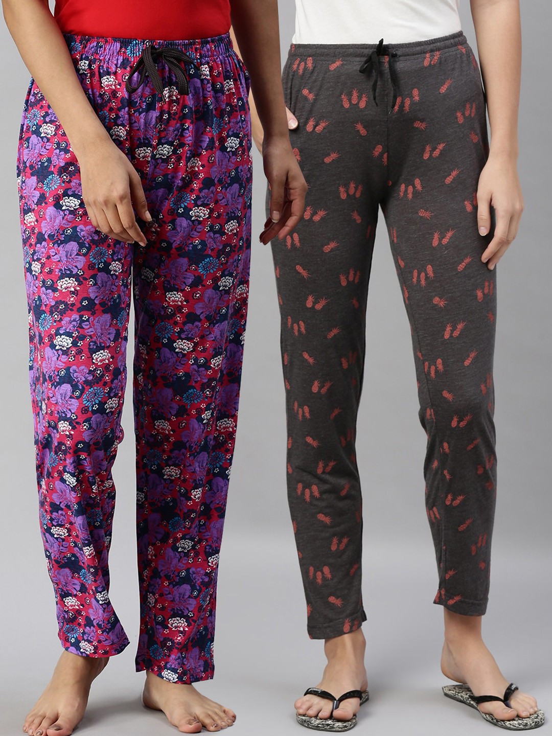 

Kryptic Women Grey Melange & Red Pack of 2 Printed Pure Cotton Lounge Pants