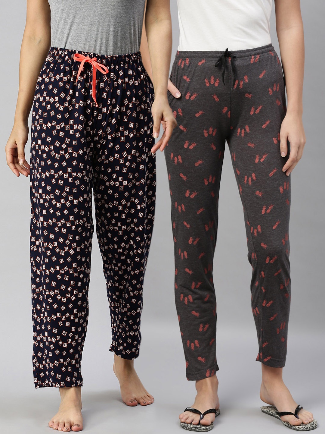 

Kryptic Women Set of 2 Multi Printed Cotton Lounge Pants, Grey melange