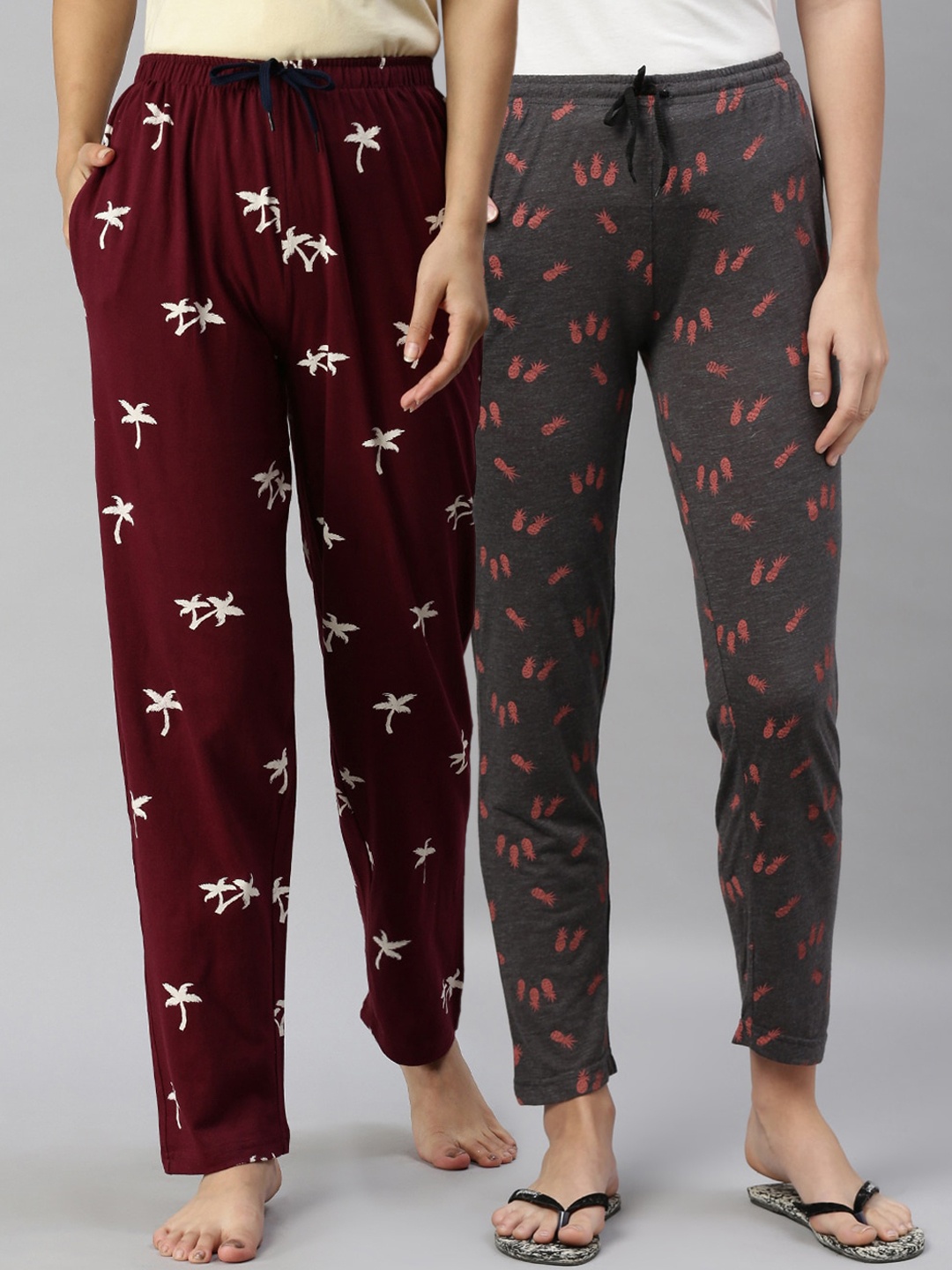 

Kryptic Women Pack of 2 100% Cotton Printed Lounge Pants, Grey melange
