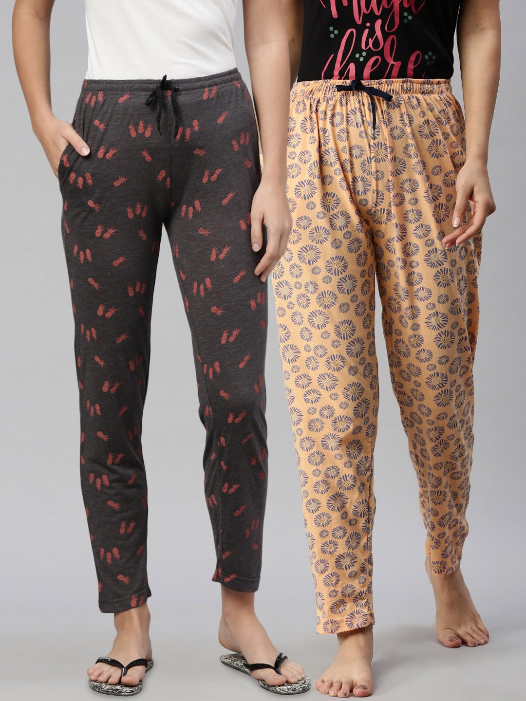 

Kryptic Pack of 2 Women Grey Meange & Orange Cotton Printed Pyjamas, Grey melange