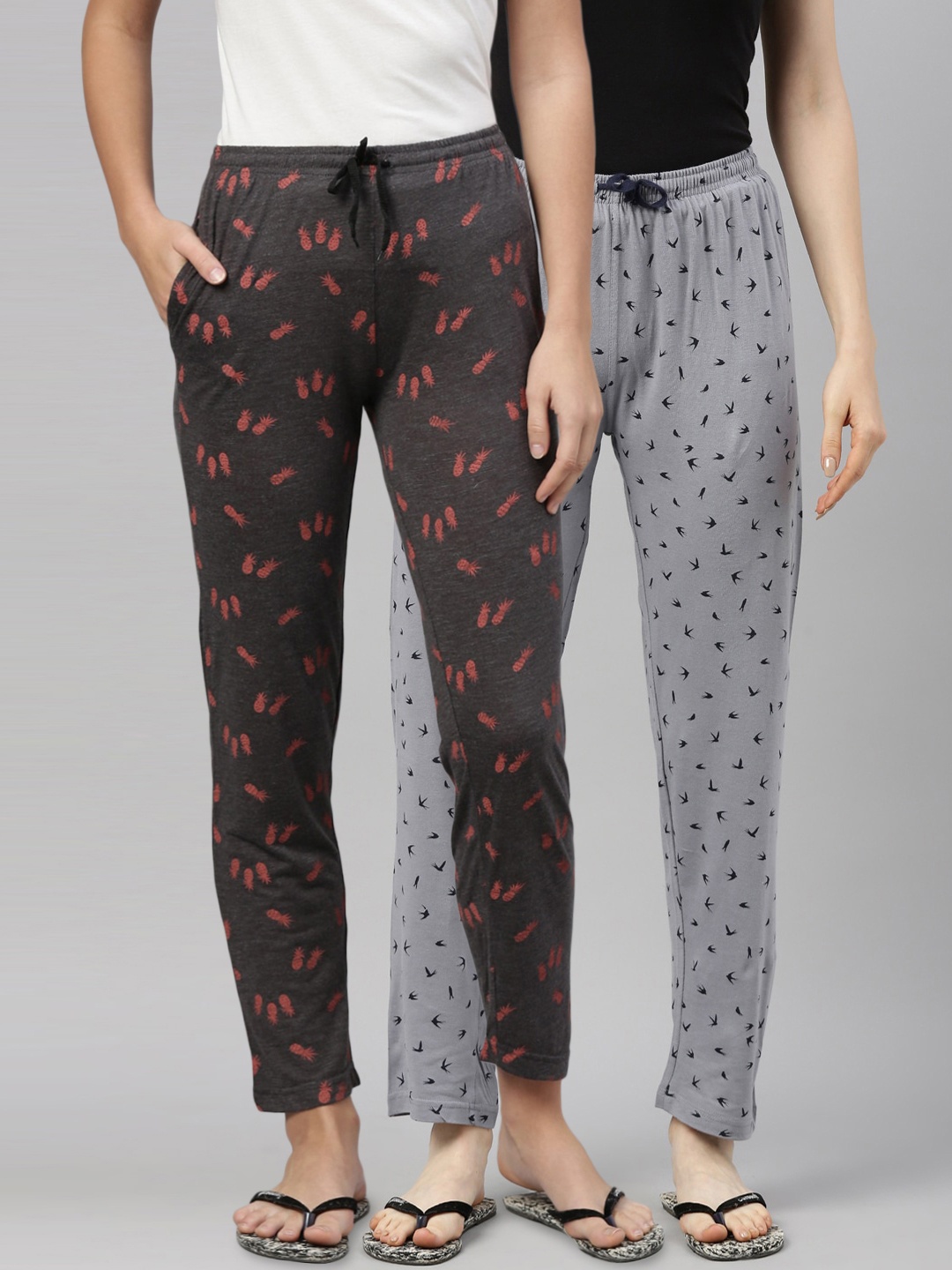 

Kryptic Women Pack of 2 100% Cotton Printed Lounge Pants, Grey melange