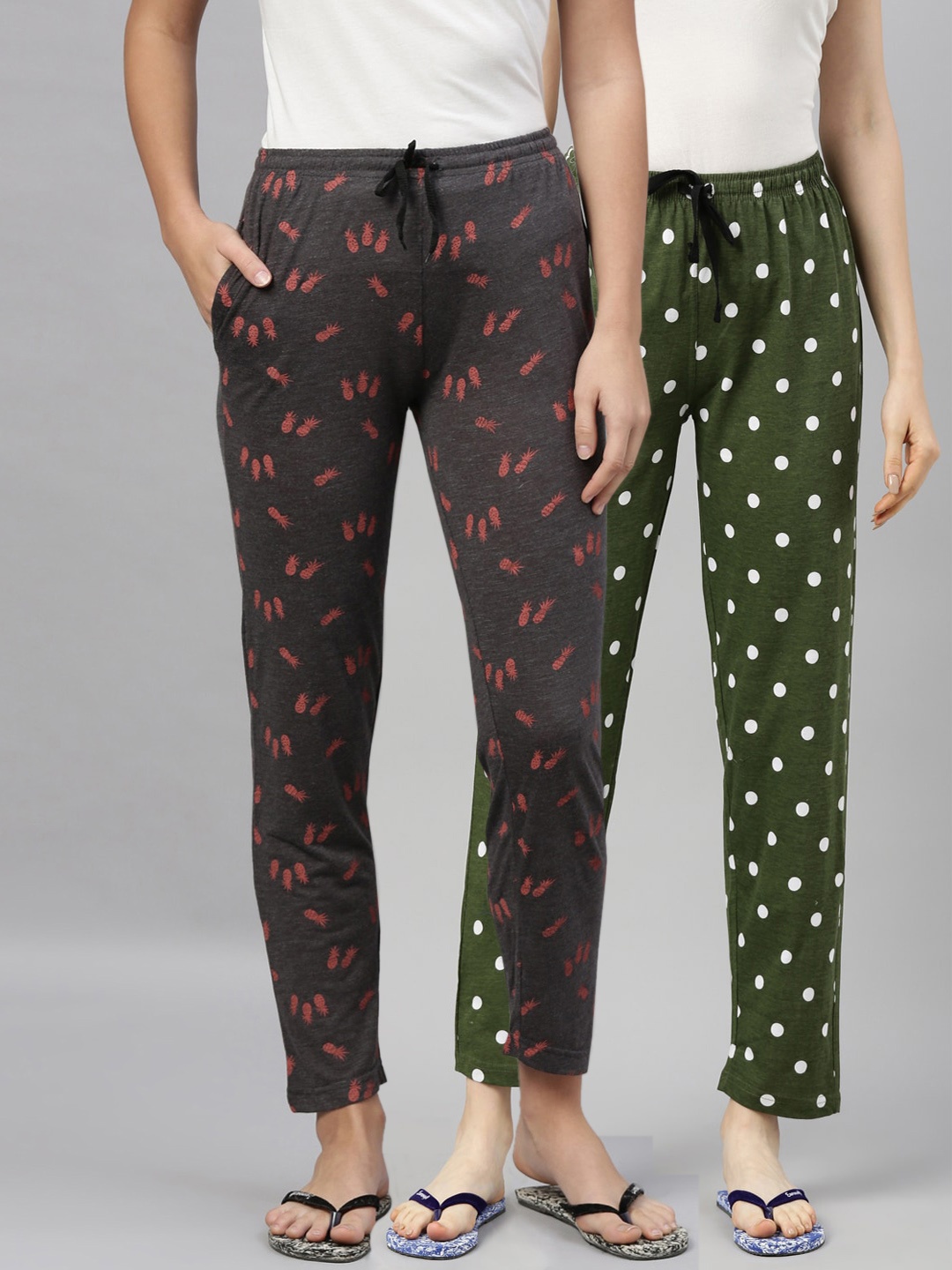 

Kryptic Women 100% Cotton Full Length Lounge Pants - Pack of 2, Grey melange