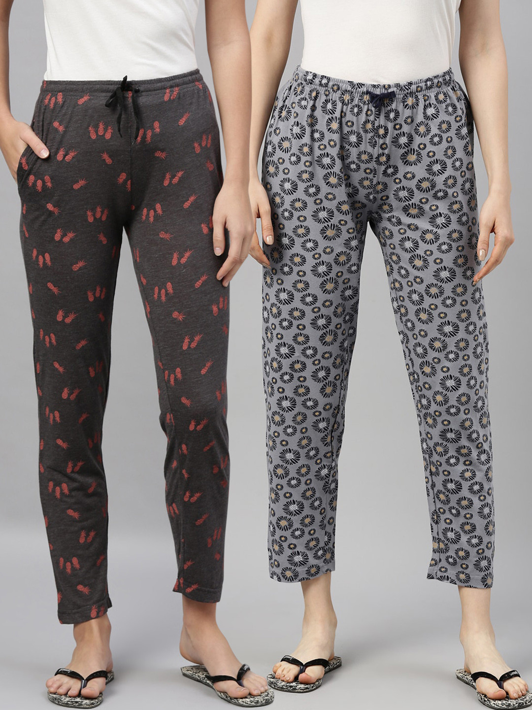 

Kryptic Women Pack of 2 Printed Cotton Lounge Pants, Grey melange