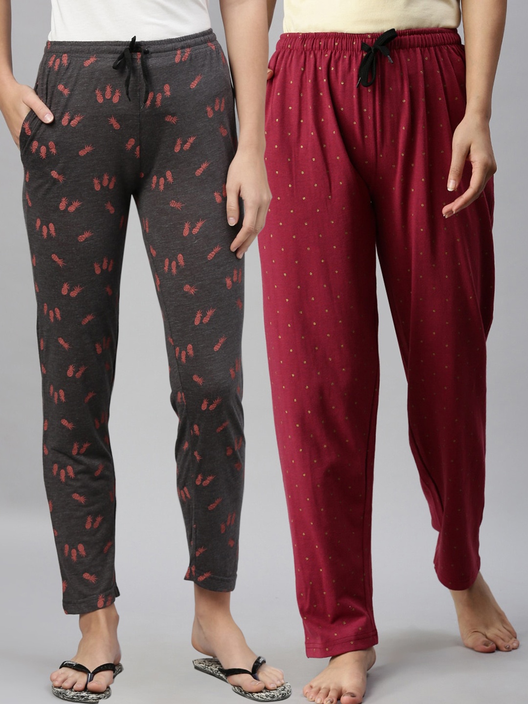 

Kryptic Women Pack of 2 Grey Melange & Maroon Cotton Pyjamas