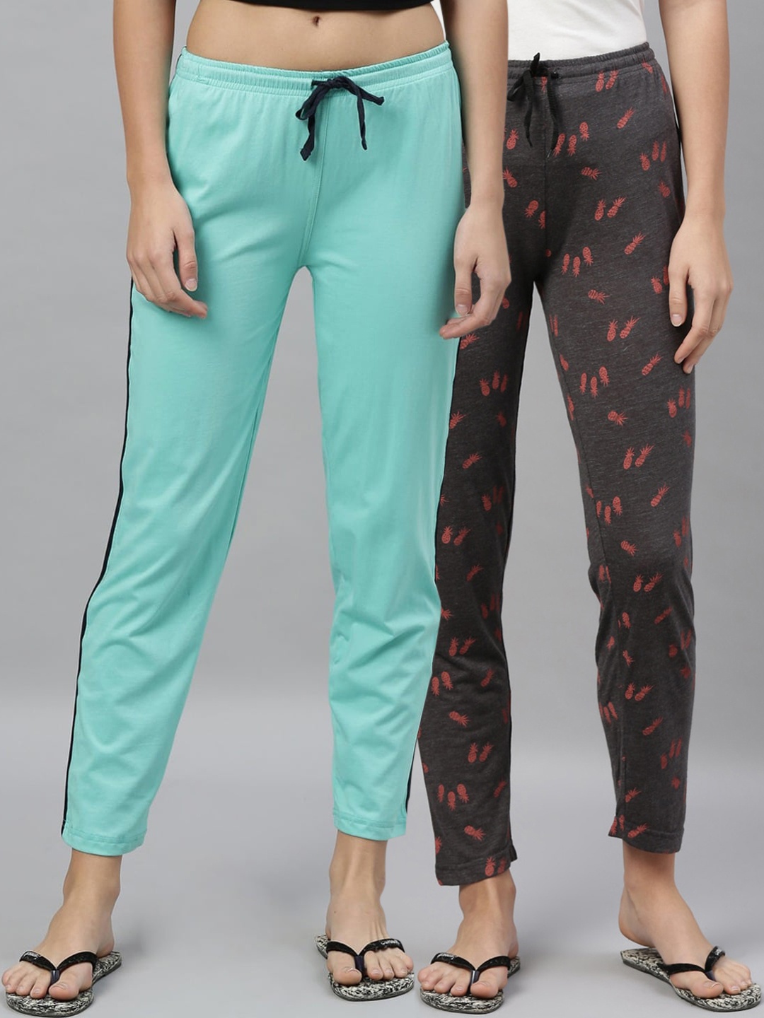 

Kryptic Women Pack of 2 Printed Pure Cotton Lounge Pants, Grey