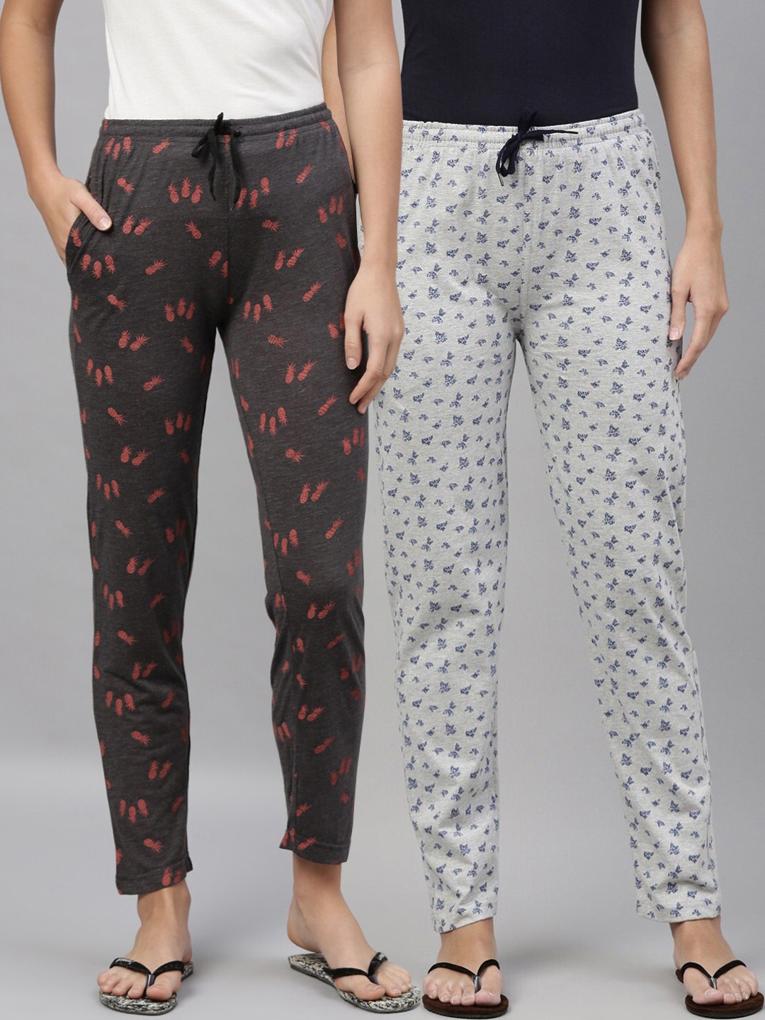 

Kryptic Women Pack Of 2 Grey Melange & Orange Printed Pure Cotton Lounge Pants