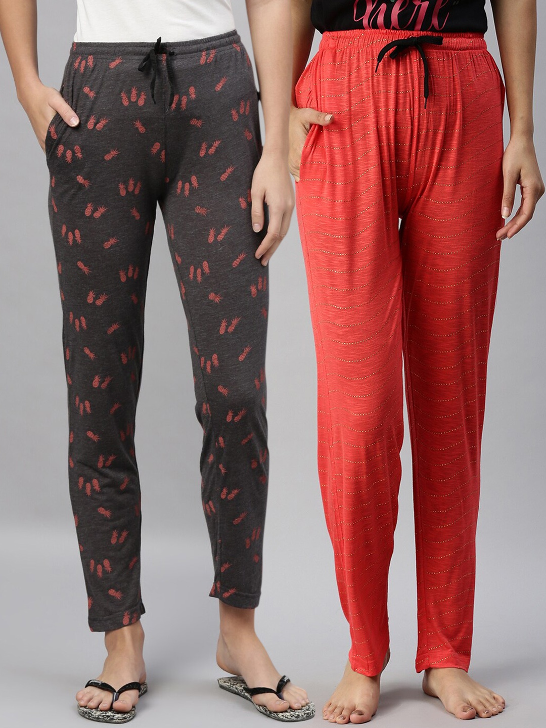 

Kryptic Pack of 2 Women Grey Meange & Orange Cotton Printed Pyjamas, Grey melange