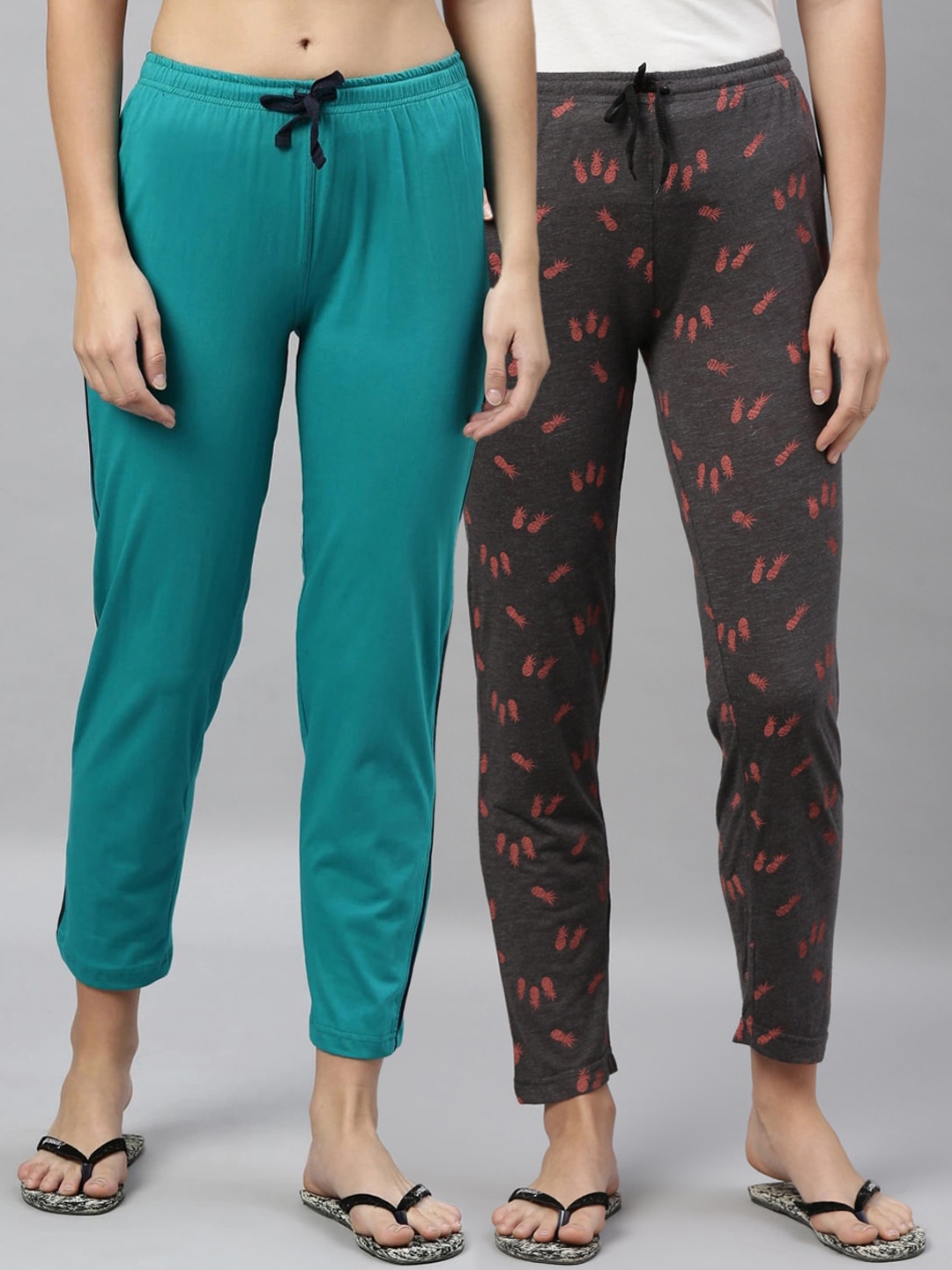 

Kryptic Women Pack of 2 Grey Melange & Green Cotton Pyjamas